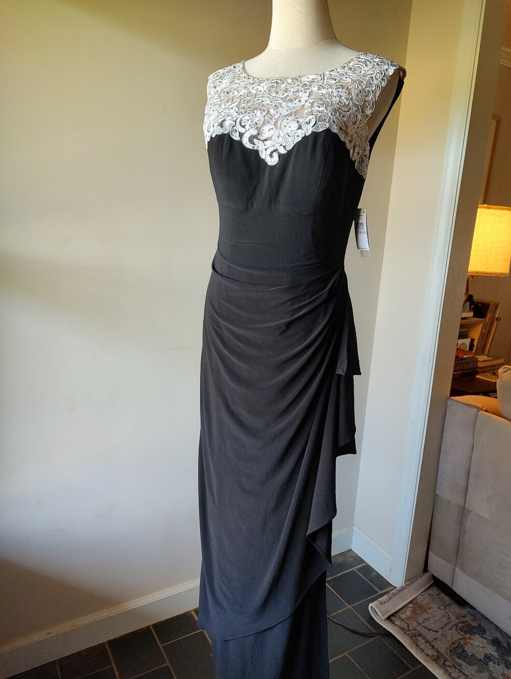 Alex Evenings Black Maxi Dress with Silver Lace Yoke